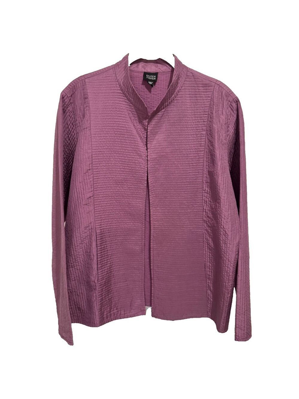 Eileen Fisher Jacket Silk Channel Crinkle Open Front Long Sleeve Purple
